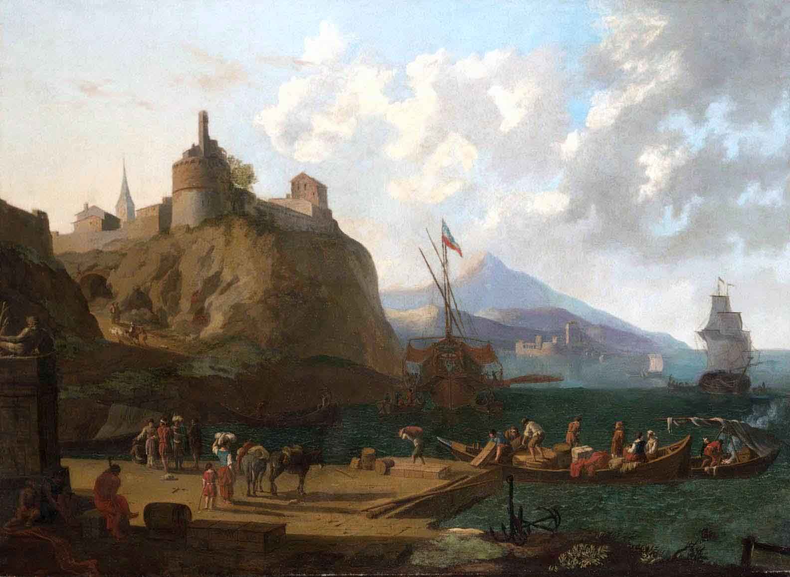 A  mediterranean harbour scene with numerous figures on a que beneath a fort